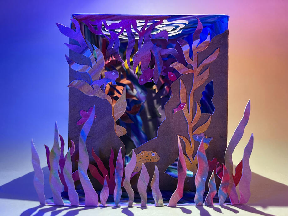 Aquarium - Paper Sculpture With Silk Screen Monoprints, Colored Lights - 2022